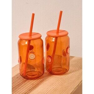 Summer Glass Tumblers With Plastic Matching Straws  Set Of Two  - Orange